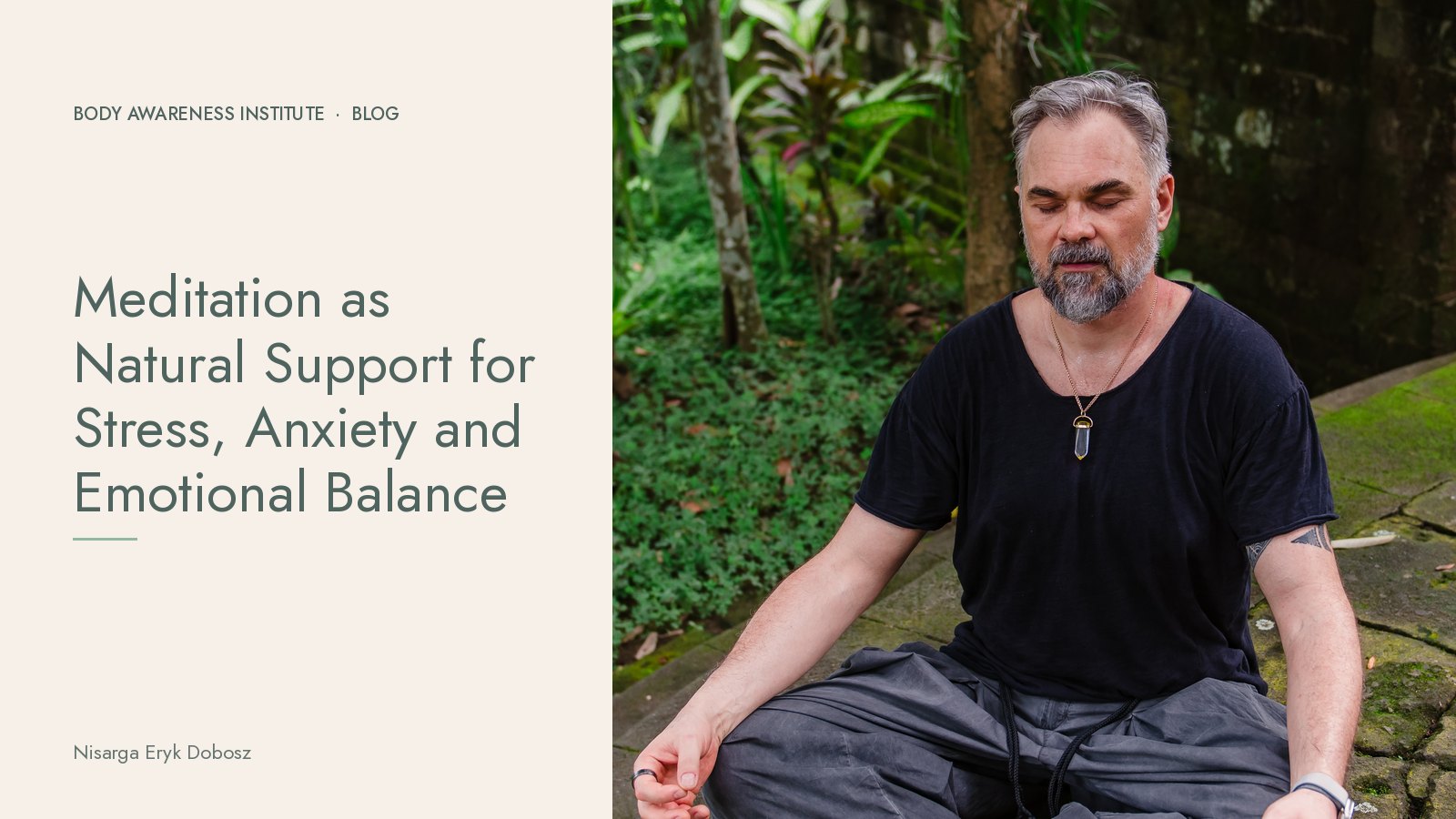 Nisarga Eryk Dobosz meditating cross-legged with eyes closed in a garden
