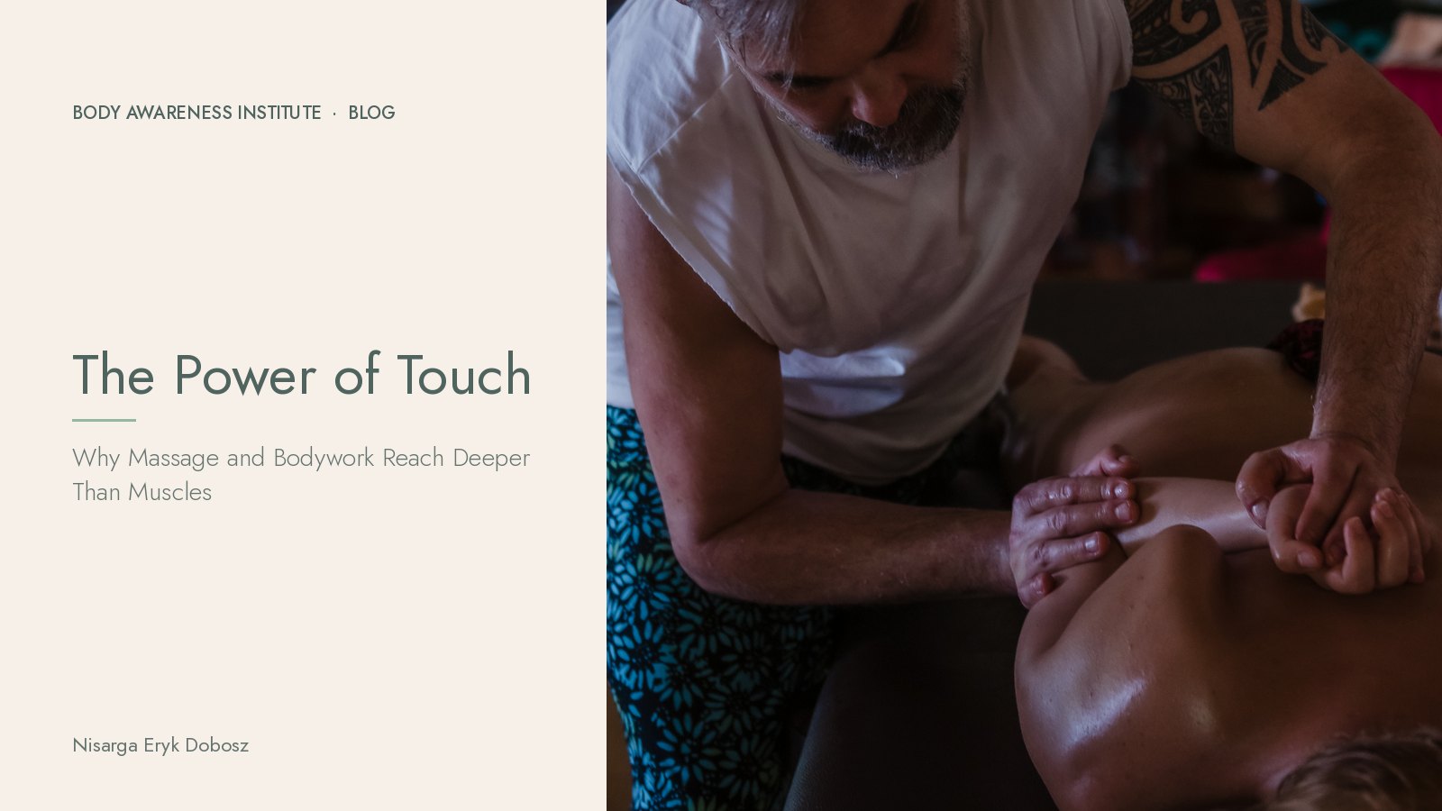 Close-up of Nisarga’s hands giving slow, attentive bodywork on a client’s back