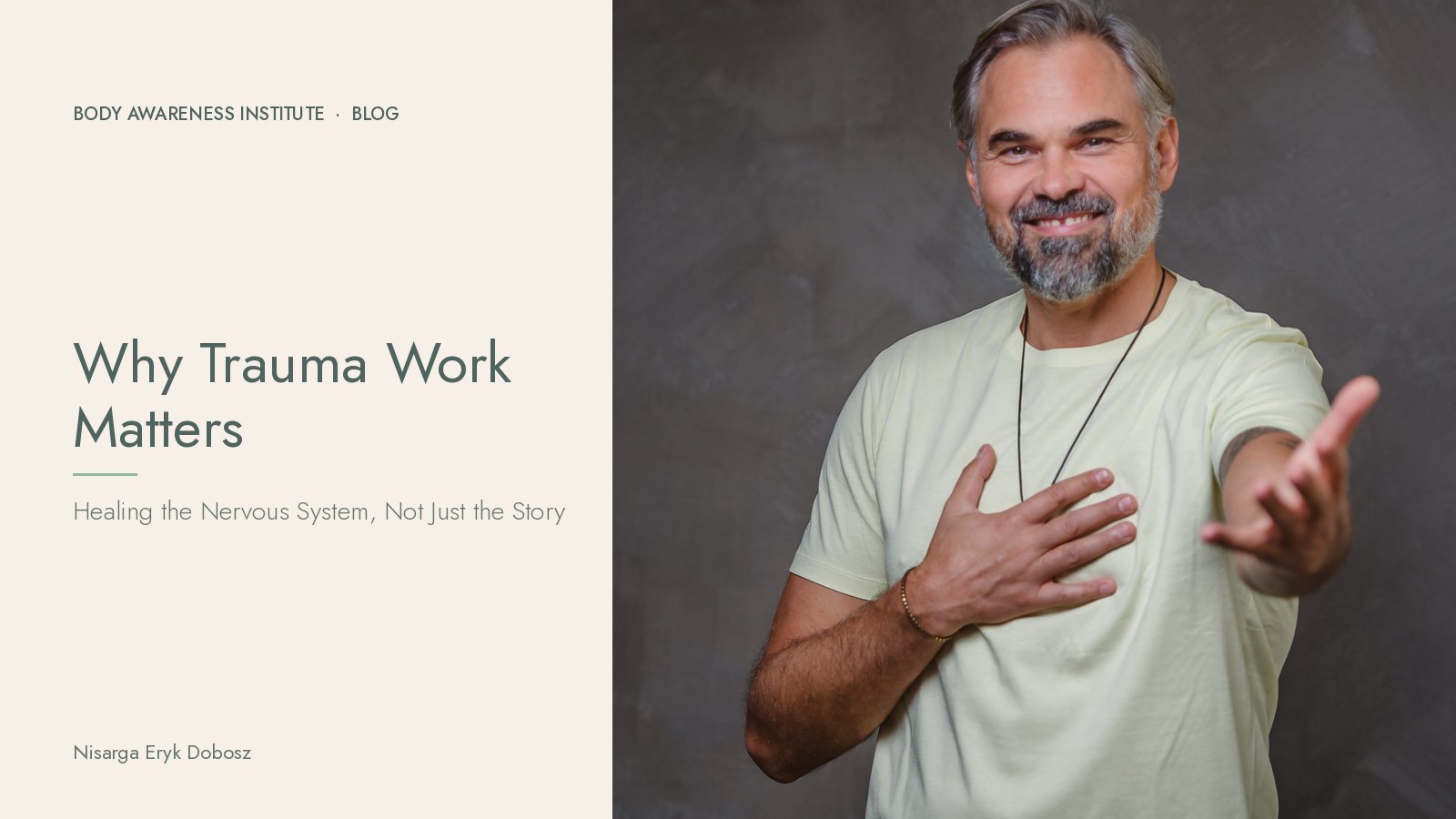 Nisarga Eryk Dobosz with a hand on his heart and the other reaching out in invitation